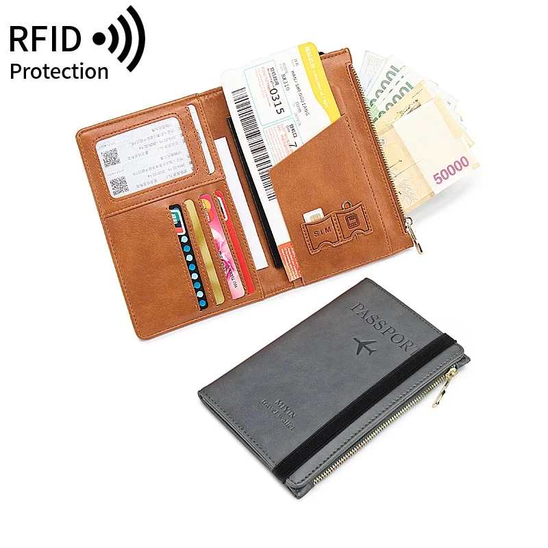 Portafoglio vintage da uomo d'affari con testo personalizzato, nome inciso, coperture per passaporto da viaggio Rfid, custodia multifunzione per porta carte di credito