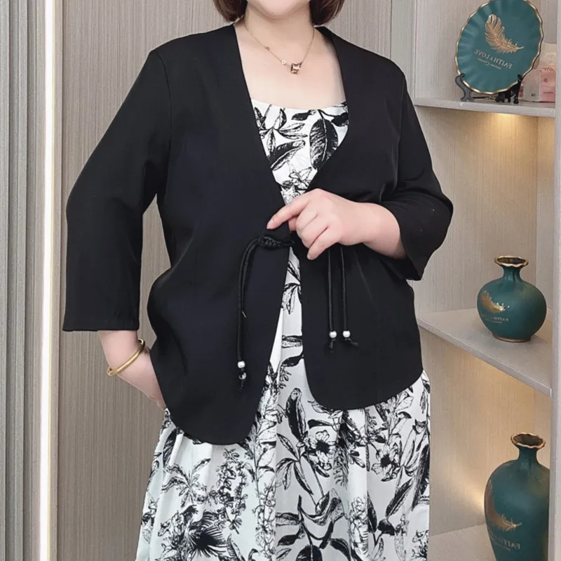 V-neck Chinese Style Button Suit Jacket Women Summer Thin Plus Size Temperament Slim Casual 3/4 Sleeve Blazer