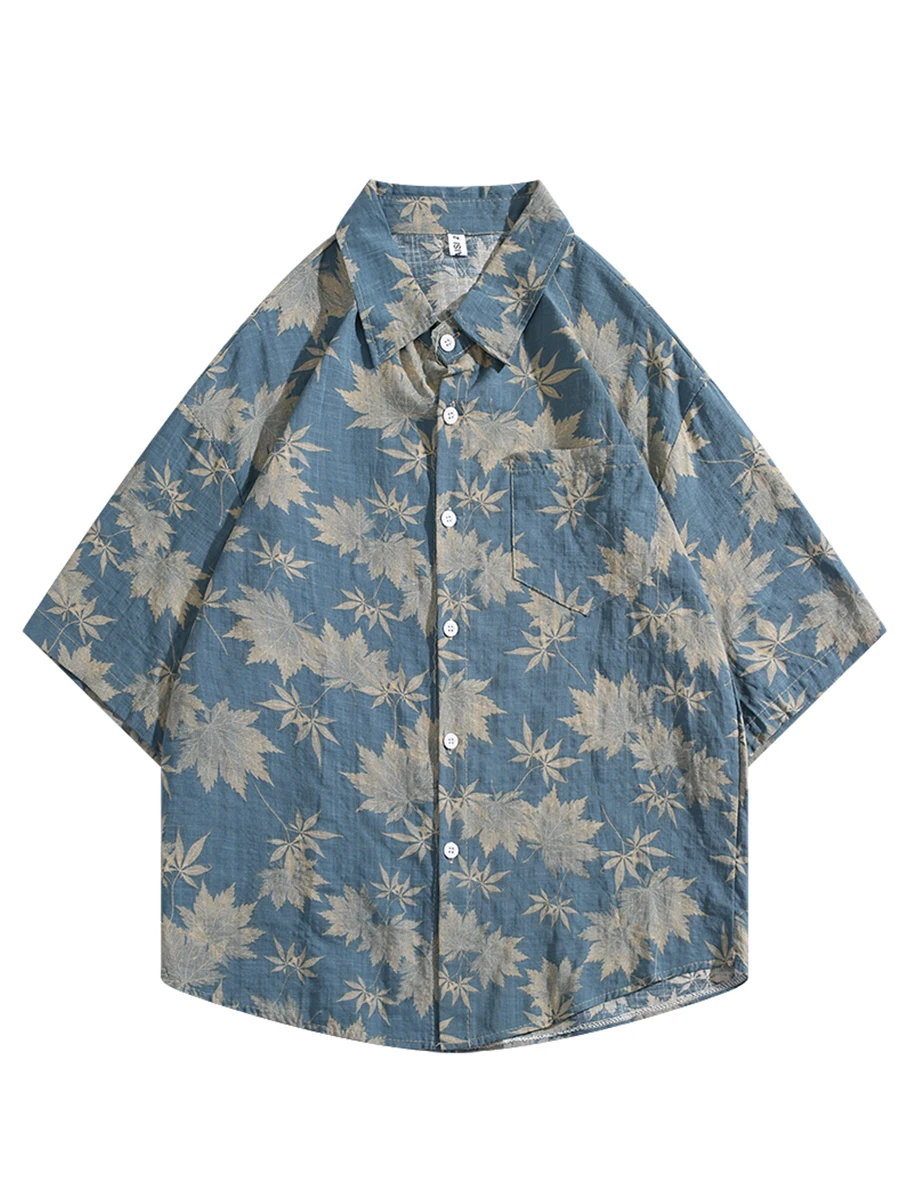 

Льняная рубашка в стиле ретро с кленовым листом и коротким рукавом с объемным вырезом и нагрудным карманом — мужская летняя шикарная рубашка в стиле бохо-шик 2025 года, топ