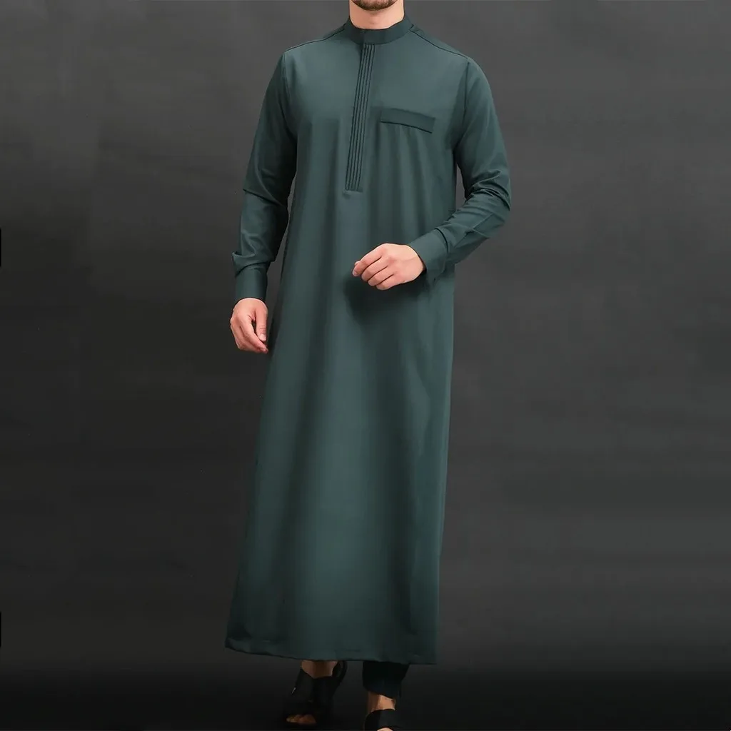 

Muslim Middle East Dubai Turkey Men Robe Solid Loose Stand Collar Thobe
