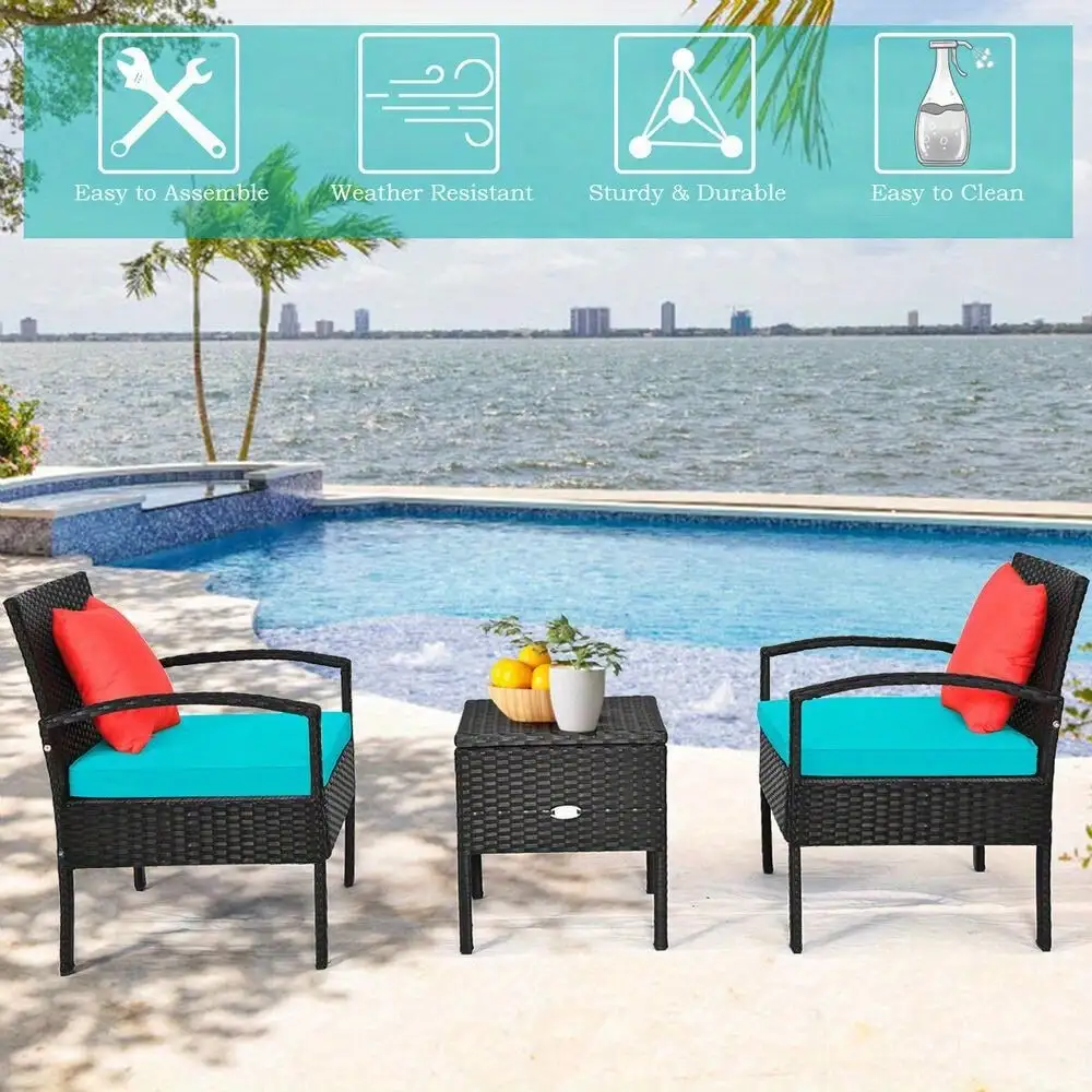 

3PCS Patio Rattan Furniture Set Storage Table Cushioned Sofa Turquoise