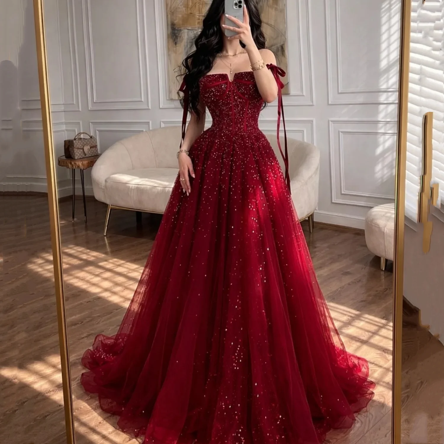 EDECPBM Red Prom Dresses for Special Occasions Customized Luxurious Women's Evening Dresses Brands A-line Wedding Dress Party
