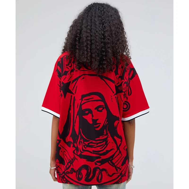 Men Hip Hop Streetwear Polo T-Shirt Virgin Mary Graphic Embroidery 2024 Summer Oversized Polo Shirt Retro Casual Cotton Tops Tee