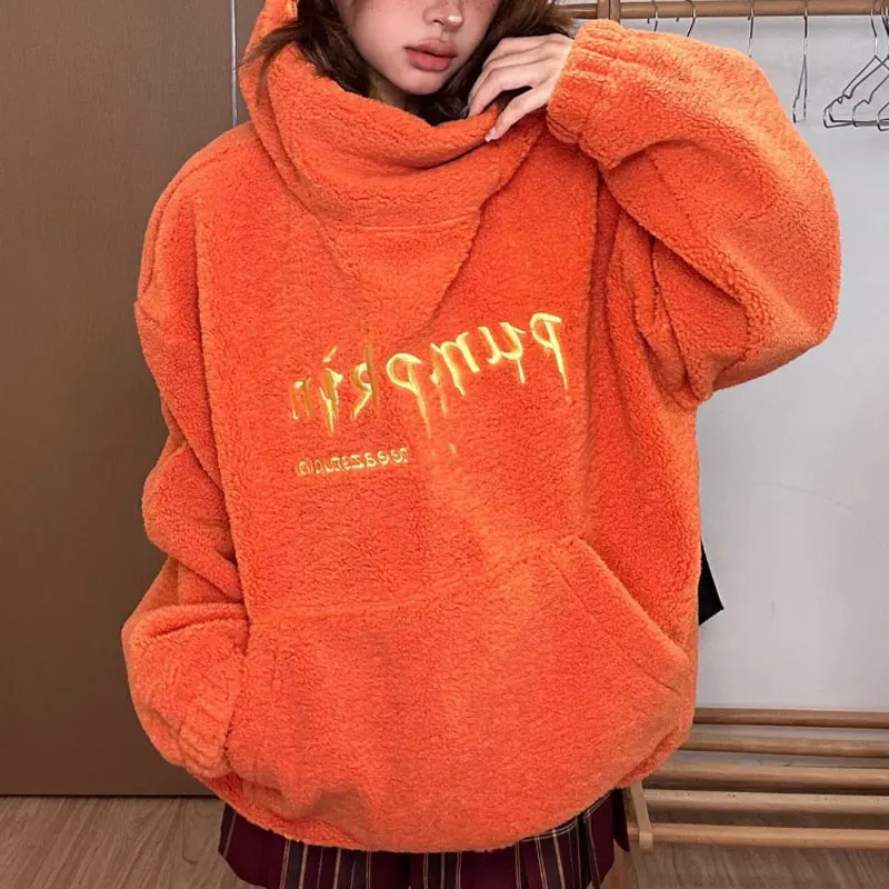 

Pumpkin Bizarre Design Pockets Hoodies 2025 Autumn Winter Hooded Loose Female Clothing Fashionable Letter Embroidery Sweatshirts