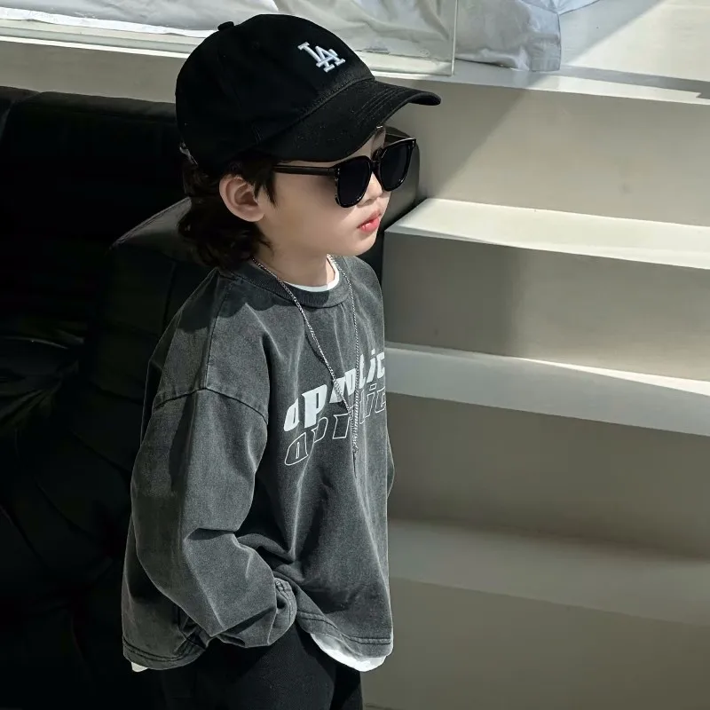 2025 Boys\' Spring and Autumn Clothes Handsome Boys\' Long Sleeved T-shirt Washed and Worn Cotton Base Shirt