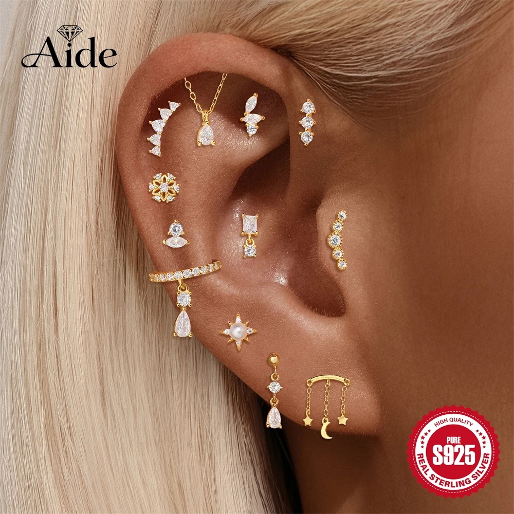 

AIDE 1Pc 925 Sterling Silver Piercing Women's Earrings Love Drops Star Moon Flower Eight-Pointed Star Geometric Ear Cuff Gift