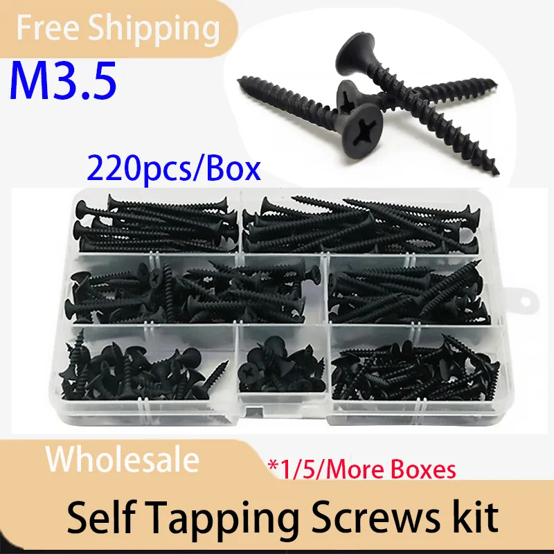 220pcs/Box Self tapping Screws Cross Countersunk Drywall Nailing Woodworking Gypsum Board Nail Black Carbon Steel M3.5