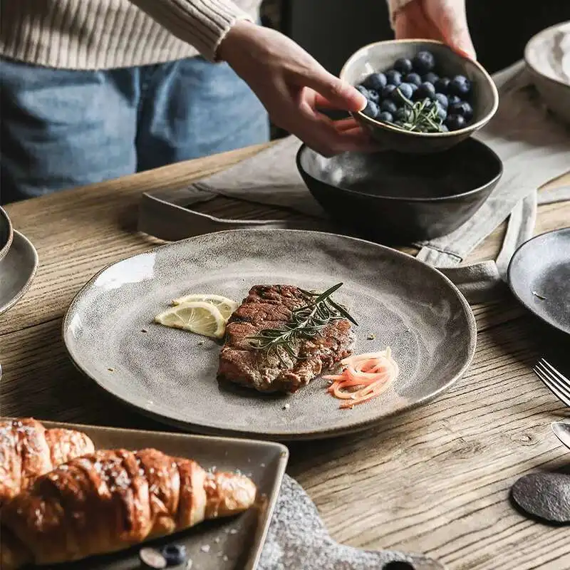 Japanese Ceramic Dinner Plate Rice Bowl Food Tray  Retro Gray Tableware Porcelain Fruit Salad Sushi Serving Plate Dinnerware