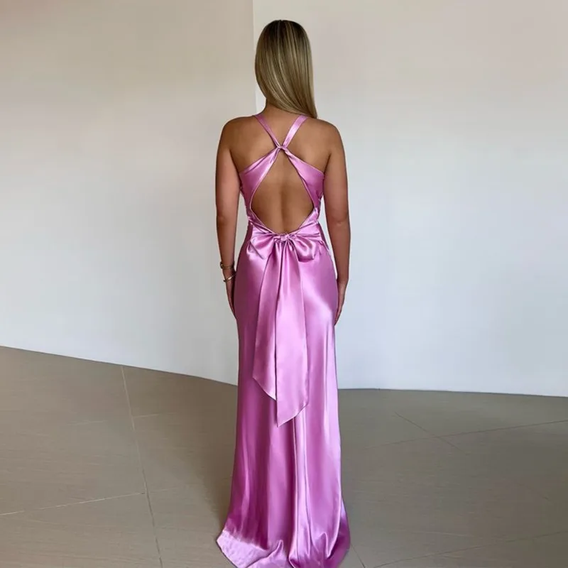 

Bow Backless Glossy Satin Maxi Dress Women Elegant Sexy Twist V-neck Sleeveless Empire Slim Club Party Evening Gown Long Robe