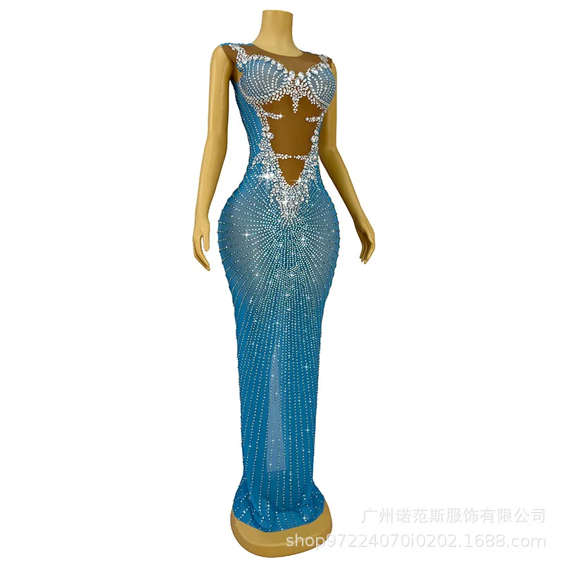 فاخر الأزرق حجر الراين حورية البحر الورك التفاف فستان حورية البحر الكبار نموذج المنصة الملابس العصرية شركة الاجتماع السنوي فستان رداء Fête #2