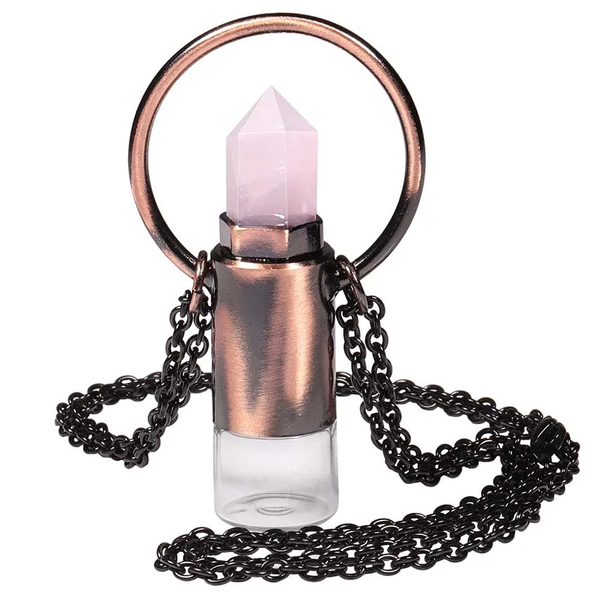 2ML Glass Perfume Bottle Pendant Necklace For Women Natural Rose Quartz Crystal Roll On Essential Oil Roller Bottle Jewelry