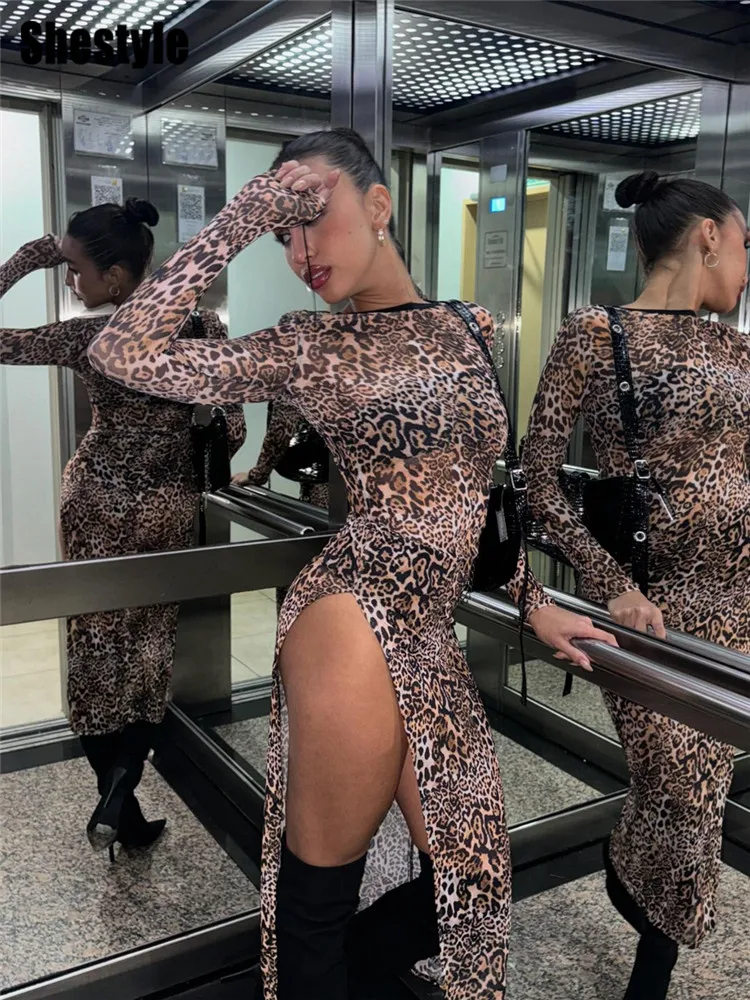 Shestyle Leopard wysokie rozcięcie seksowne sukienki siatkowe przezroczyste damskie Streetwear cienkie zwierzęce dzikie stylowy strój dla kobiety