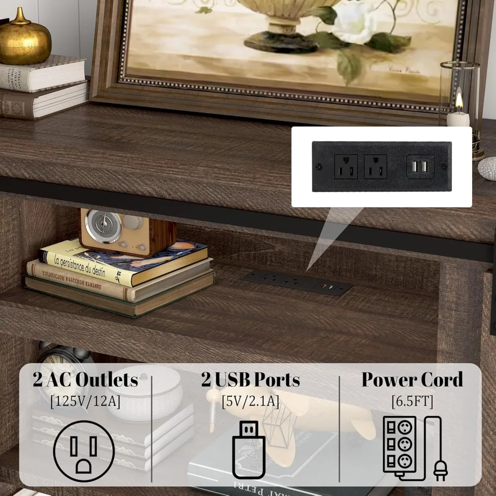 "Suporte de TV de 75 polegadas com porta de celeiro deslizante e tomadas elétricas, centro de entretenimento de madeira de 33 polegadas de altura"