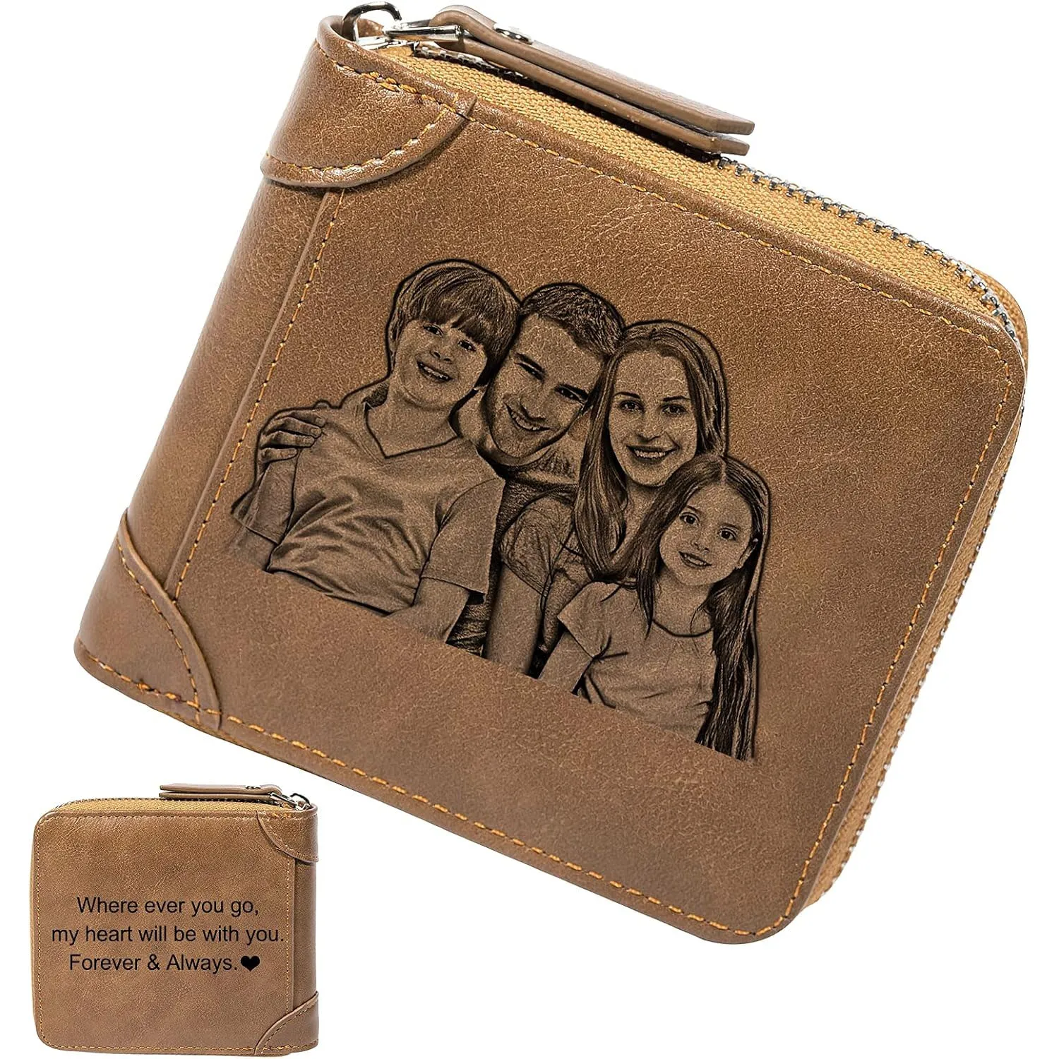 Men Small Wallet Zipper Card Holder Personalized Photo Wallets Gift for Father's Day Anniversary Birthday Custom Engraved Photo