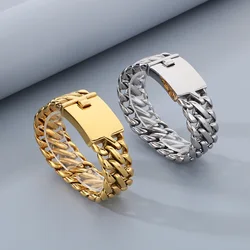 HAOYI Punk Charm Bracelet 23mm Womem Gold Color Stainless Steel Cuban Hand Chains For Men Fashion Party Jewelry Gift Free