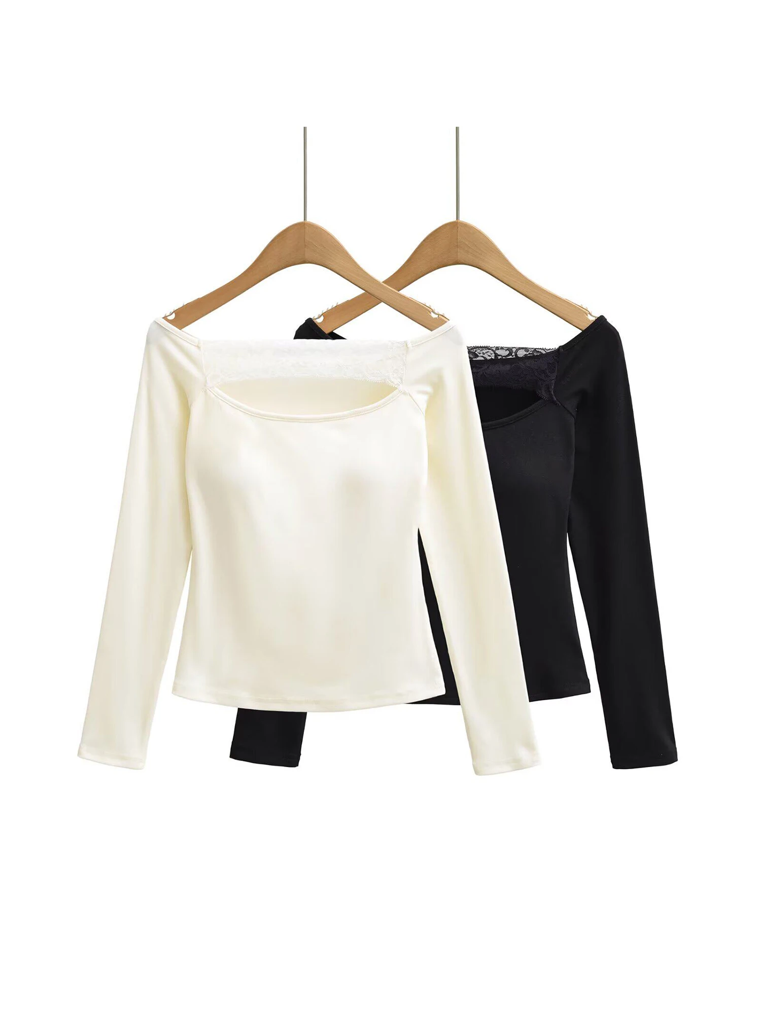 Women's White Hollow Out Long Sleeve T-shirt Sexy Lace Patchwork Slim Fit Top Vintage Aesthetic Y2K Gyaru Cropped Tee Top Autumn