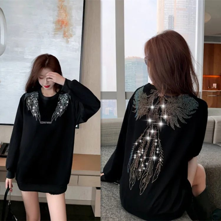 CNACNOO Autumn Female Streetwear Sweatshirt Plain Gothic  Graphic Tops Rhinestone Hippie spring Women Black Pullover Y2k Clothes