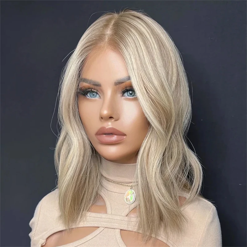 

Wavy Synthetic Lace Frontal Wig Highlight Light Blonde Natural Wave Transparent Pre Plucked Heat Resistant Fiber Wig for Women