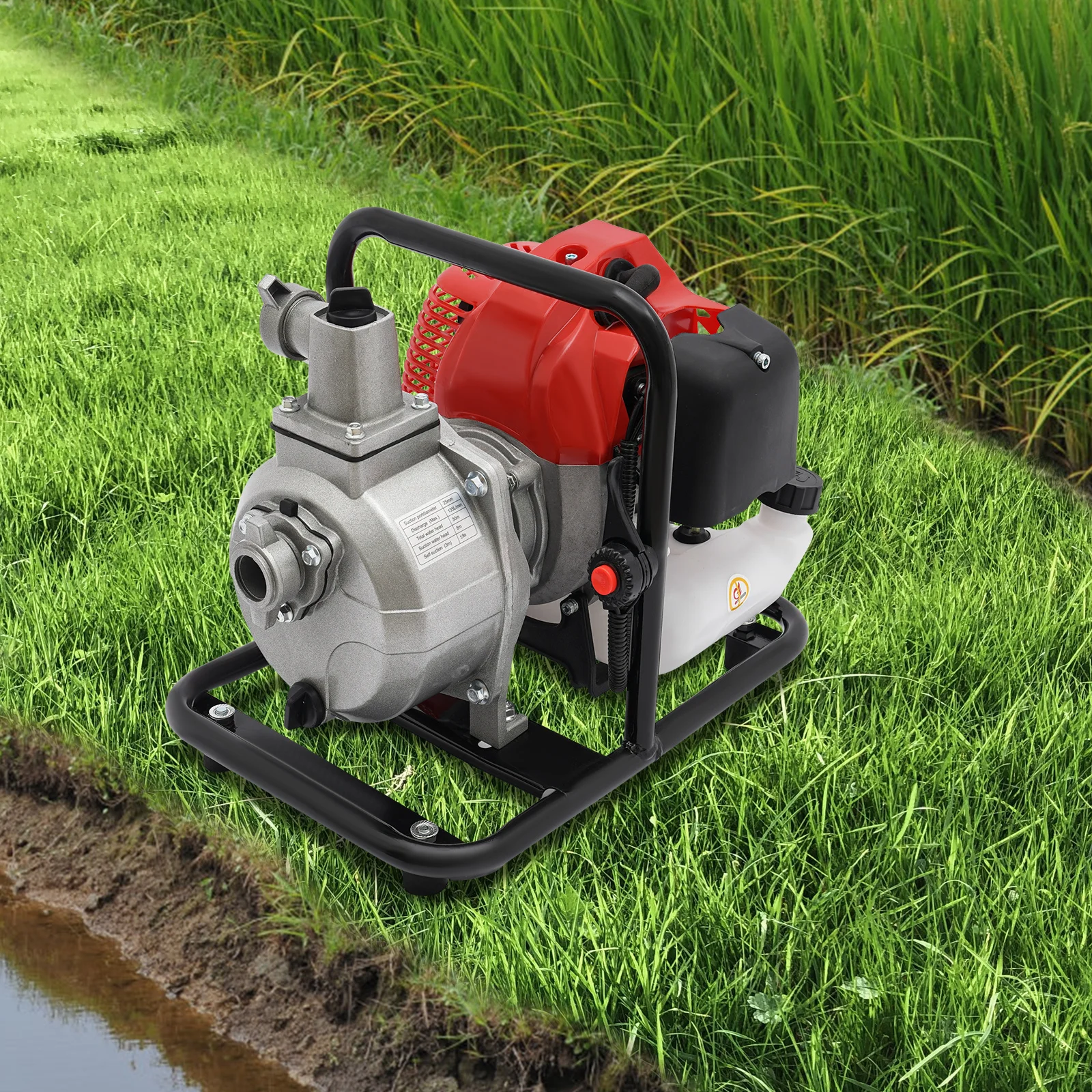 

1" Petrol Water Transfer Pump, 8000L/h, With Hose Clamps and Fittings, 2-stroke 1.7HP Gas Motor Water Pump 6500RPM Air Cooled