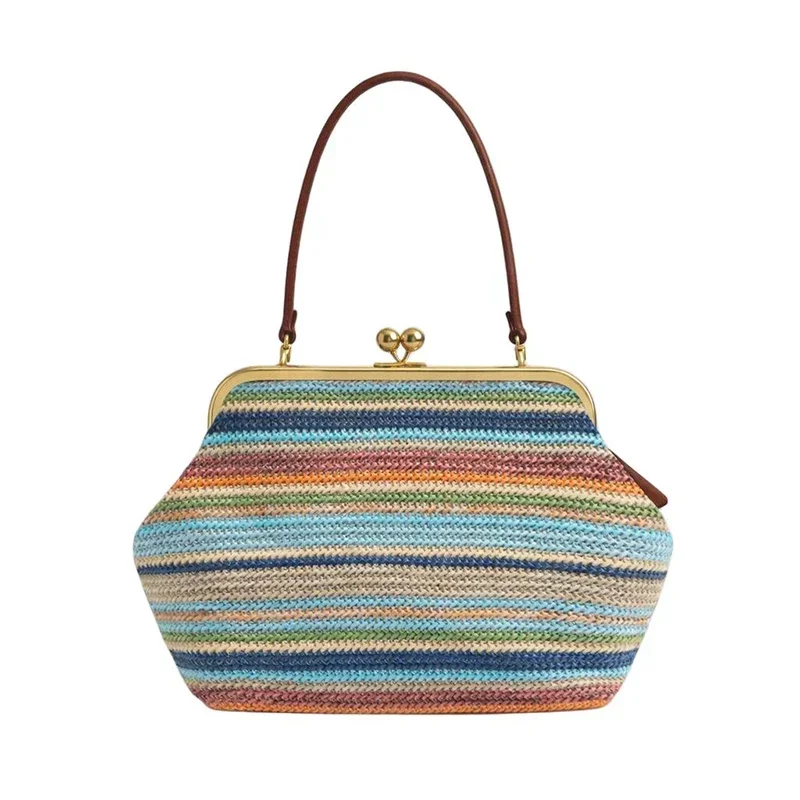 Luxuriöse Unregelmäßige Damen-Schultertasche, Sommer Strand Stroh Muschel-Handtasche Marken-Großraumtasche mit Clipverschluss Elegante Abendtasche – Detail 5