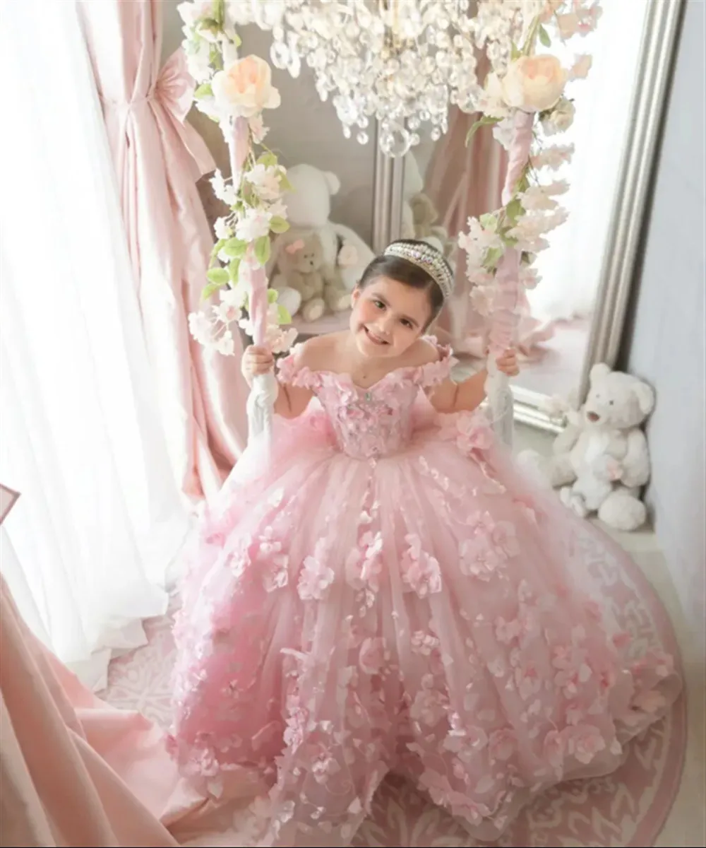 Robe de mariée à fleurs pour filles, avec des Appliques roses personnalisées, épaules dénudées, perles luxueuses, robe de fête d'anniversaire eucharistique pour enfants