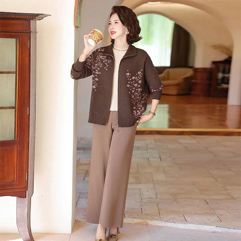 

Ele Knitted Set for Middle-Aged And ly Women Autumn Faion Stand Size Loose Fit Long Pants Zipper Closure Floral...