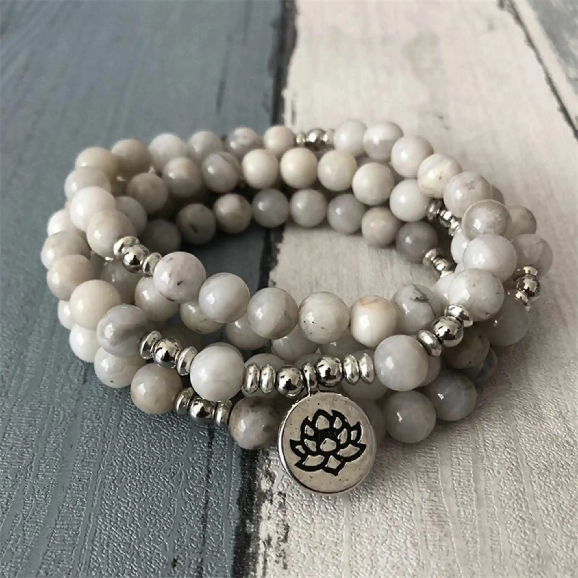 8mm 108 White jade Buddha beads silver Pendant Bracelet Mala Healing Stones Relief Bangle Prayer