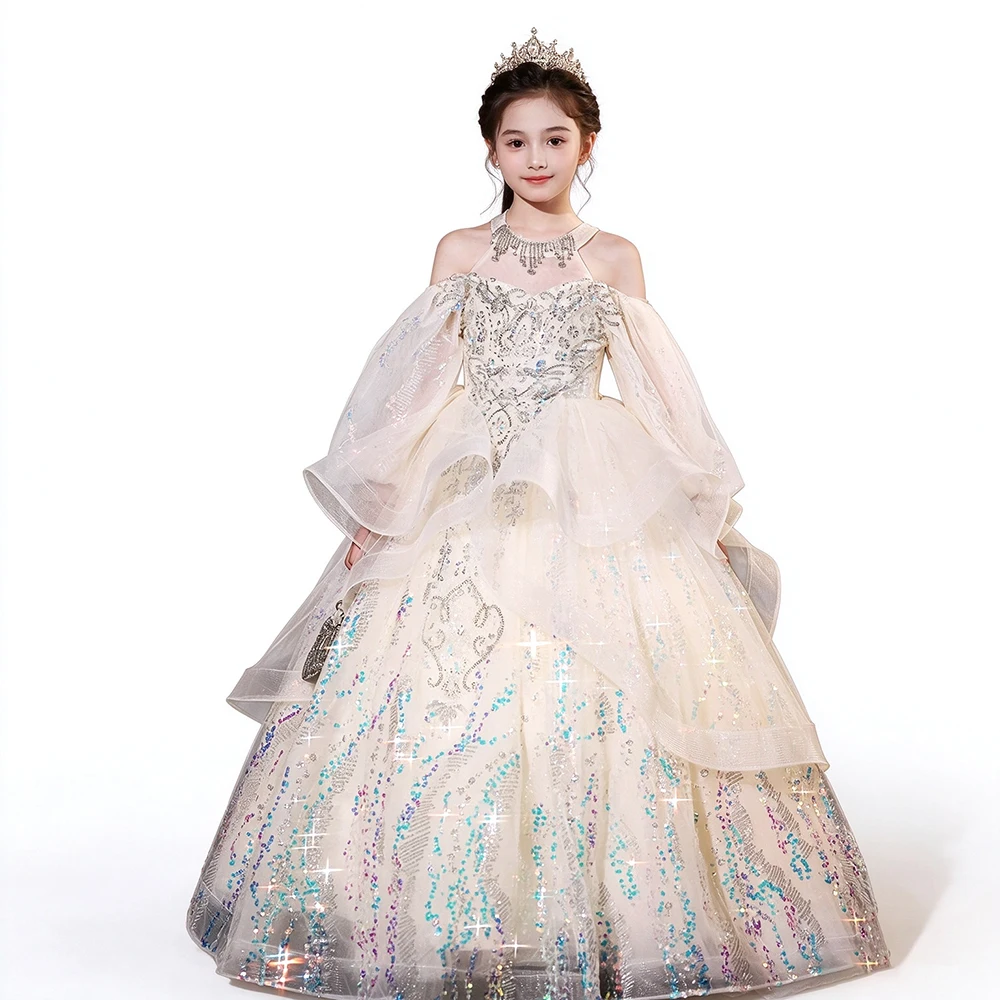 Luxury Lantern Translucent Long Sleeve Off Shoulder Prom Pageant Model Show Evening Dress For Girls Princess Birthday Party Gown