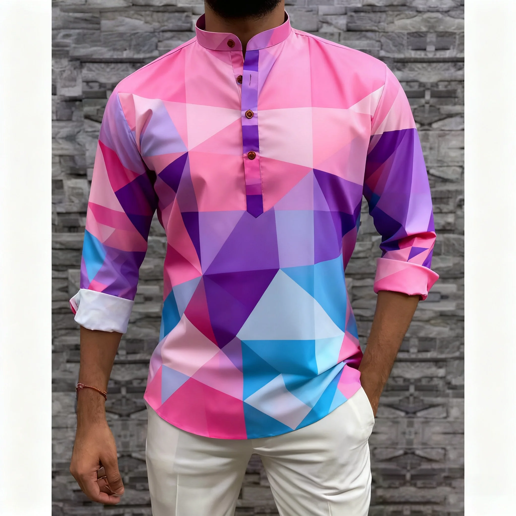 رداء رجالي مسلم لعام 2026 قميص بأكمام طويلة نمط عرقي بياقة واقفة ملابس عربية للرجال Vetements Homme Musulman