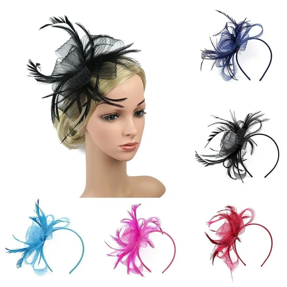 British Retro Women Feather Fascinator Headband Large Floral Hair Clip Cocktail Wedding Party Bridal Hat Decor Ladies Headwear