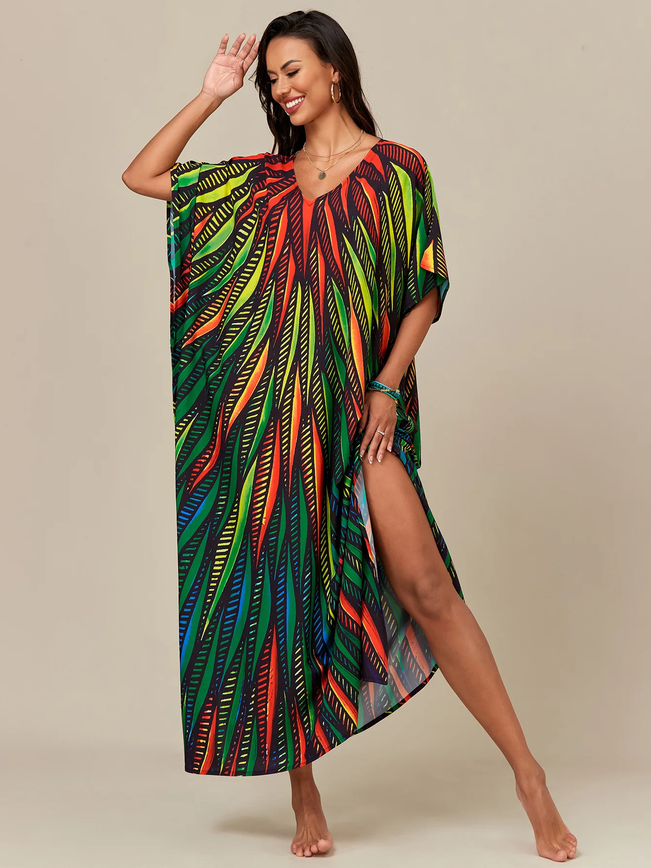 

Print V-Neck Batwing Kaftan Women's Plus Size Loose Fit Beach Dress Bathing Suit Cover Up Loungewear
