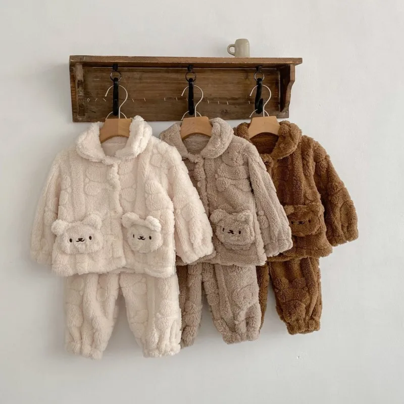 

Newborn Baby Girl Boy Clothes Set Fleece Pajamas 2PCS Infant Toddler Child Fur Sleepwear Winter Bodysuit Baby Clothing 9M-3Y