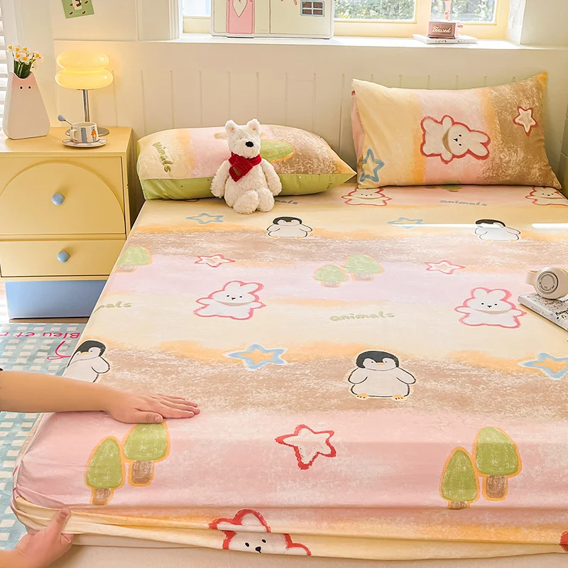 Lençol de Cama 100% Algodão para Crianças, Tamanhos Solteiro/Queen/King, Lençóis de Cama com Estampa de Desenhos Animados, Amigáveis à Pele