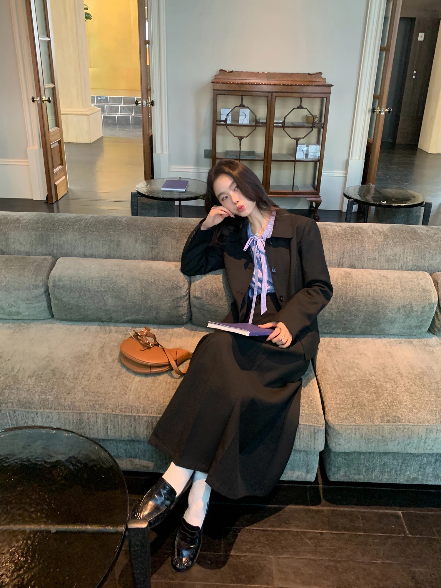 Pusumede London Vintage Newspapers Miu College Style Short Suit Jacket Women's Pleated  Skirt Set Black Long Sleeve