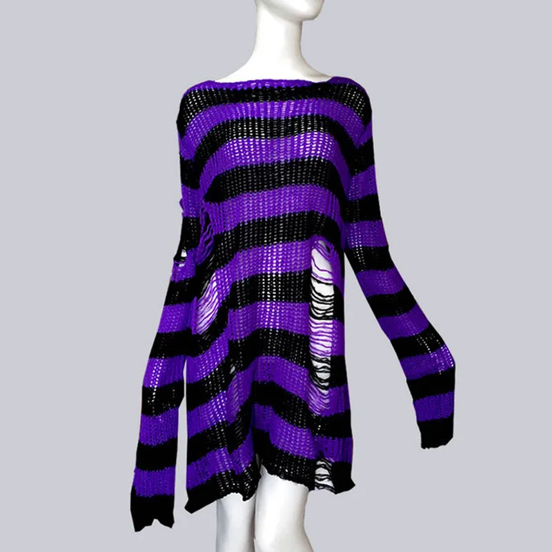 Karrcat Grunge Harajuku sweter z dzianiny w paski kobiety Y2K Streetwear dziura złamany sweter luźne fioletowe swetry Punk gotyckie ubrania