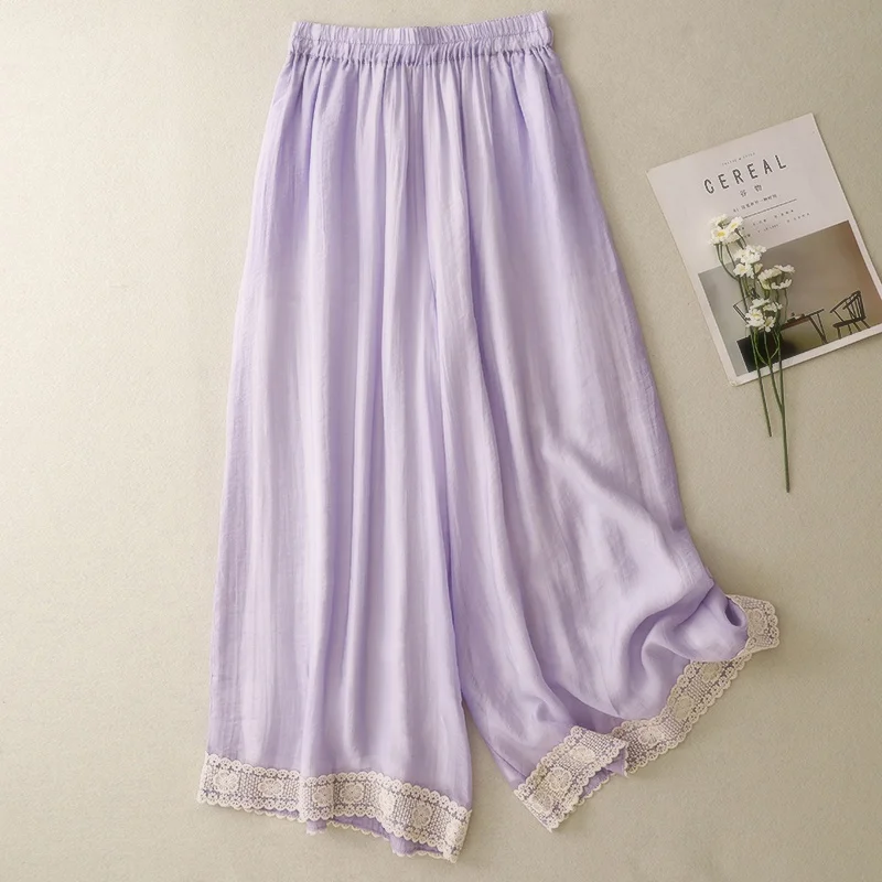 여름 신상 중국 전통 스타일 실크 캐주얼 루즈 레트로 슬림 와이드 레그 레이스 롱 팬츠 단색 다리 길이 연장