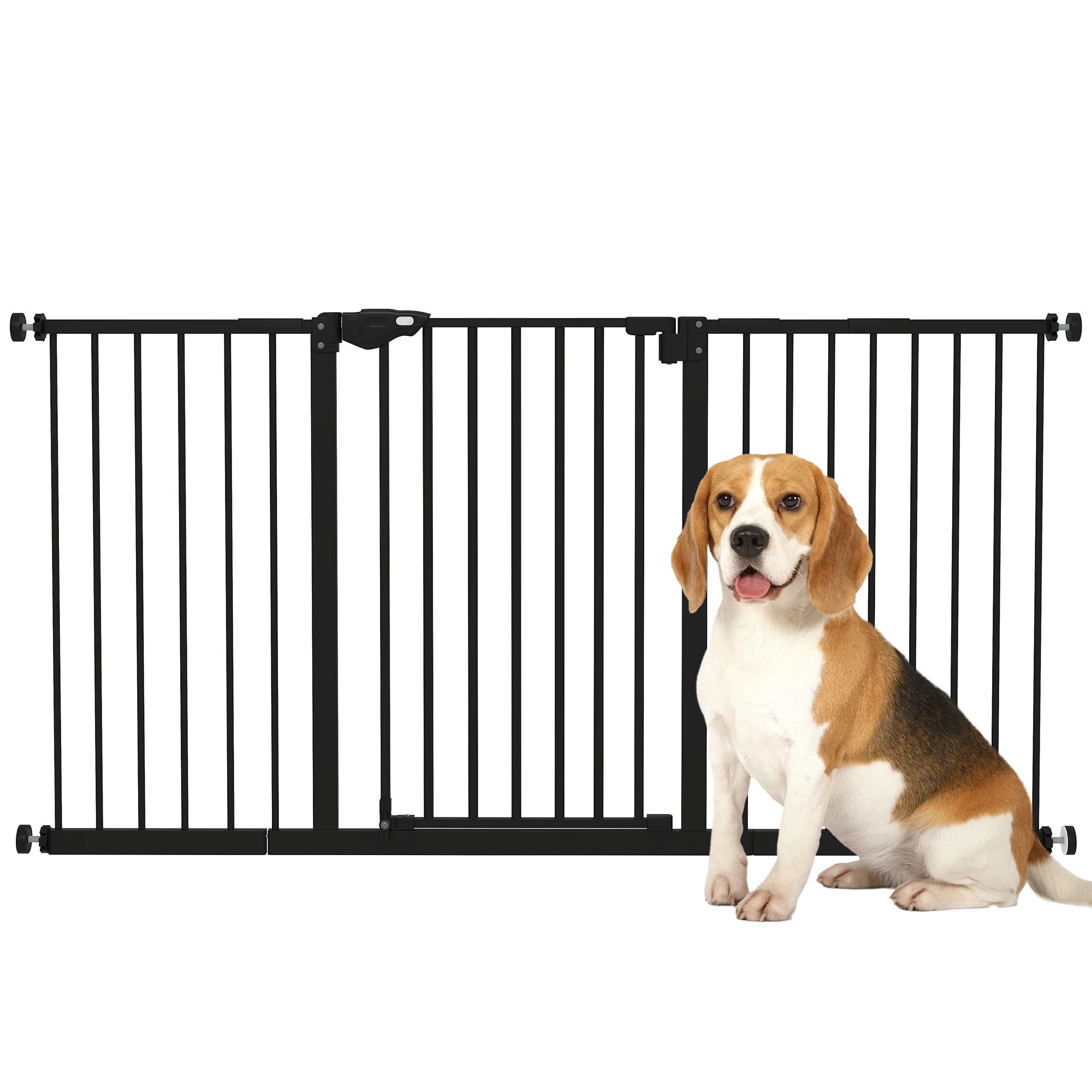 PawHut security barrier animals 74-148 x cm with door automatic drill-free closure with 3 black extensions