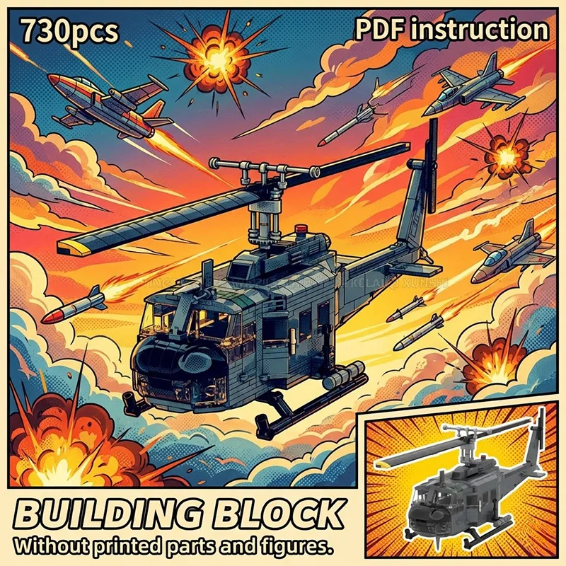 

MOC Grey Tactical Utility Helicopter Gunship with Side Rocket Pods Military Block Model