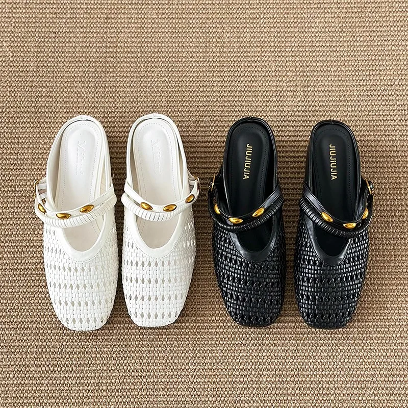 Stepping-on-poop Feeling Internal Height-increasing Closed-toe Half-slip Women's Sandals with Soft Woven Mary Jane Shoes