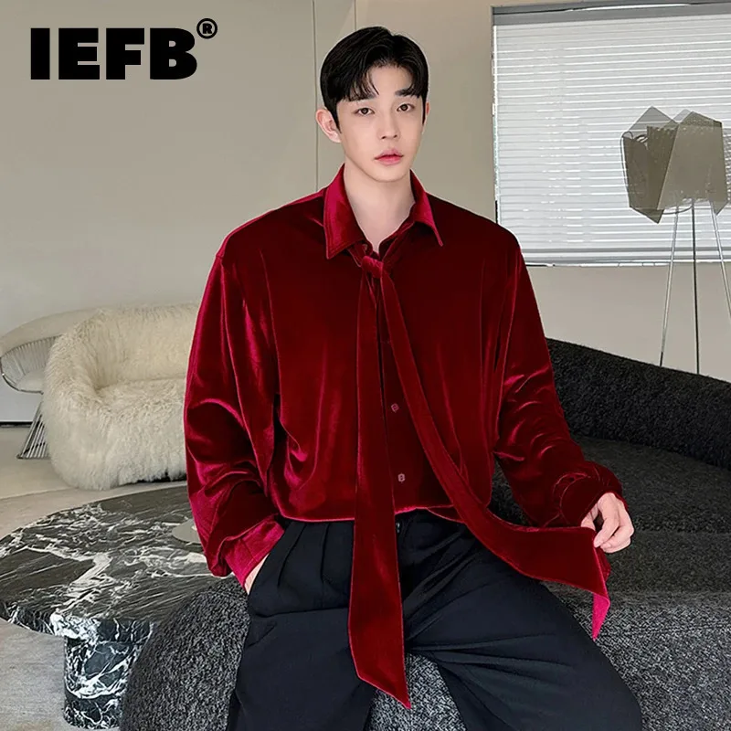 IEFB Elegant Men\'s Shirt Velvet Korean Version Tie Design Drape Feeling Shirt Trend Long Sleeve Autumn New Fashion Tide 9C7193