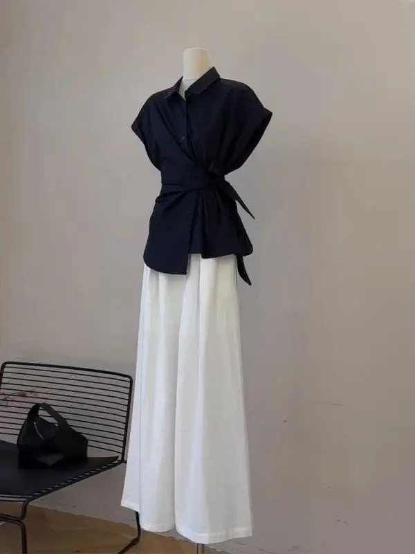 2026 New Women's Shirt Wide Leg Pants Set Thin Loose High Waist Design Spring Autumn Fashion Casual Two Piece Suit