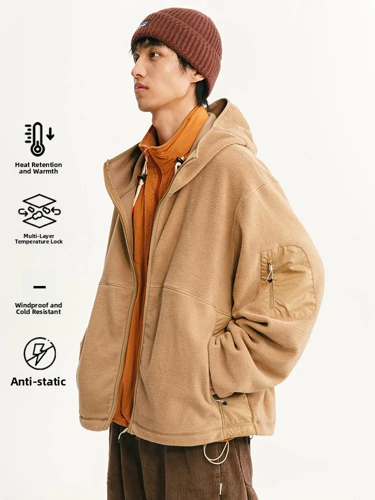 

Youth Outdoor Climbing Fleece Lined Hooded Open Cardigan Jacket Unisex Warm Polyester Cotton Blend Long Sleeve Zipper Closure