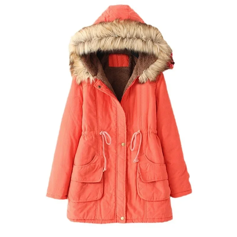 Autumn and Winter New European and American Style Medium Long Drawstring Slim Fit Hooded Big Fur Collar Cotton Jacket for Women