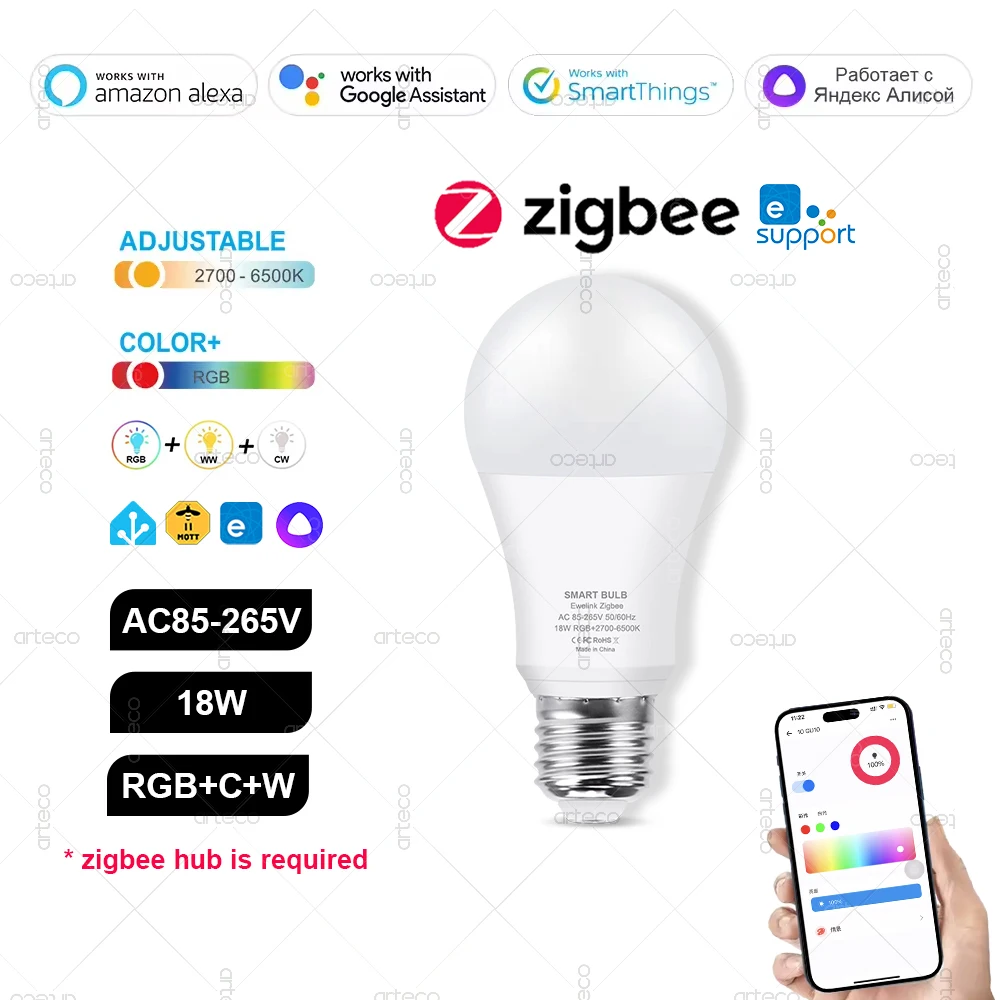 ZigBee E27 LED-Birne, intelligente LED-Lampe, RGBCW, 15 W, 18 W, LED-Glühbirne, funktioniert mit Ewelink Zigbee Gateway Alexa Smartthings Alice Z2MQTT