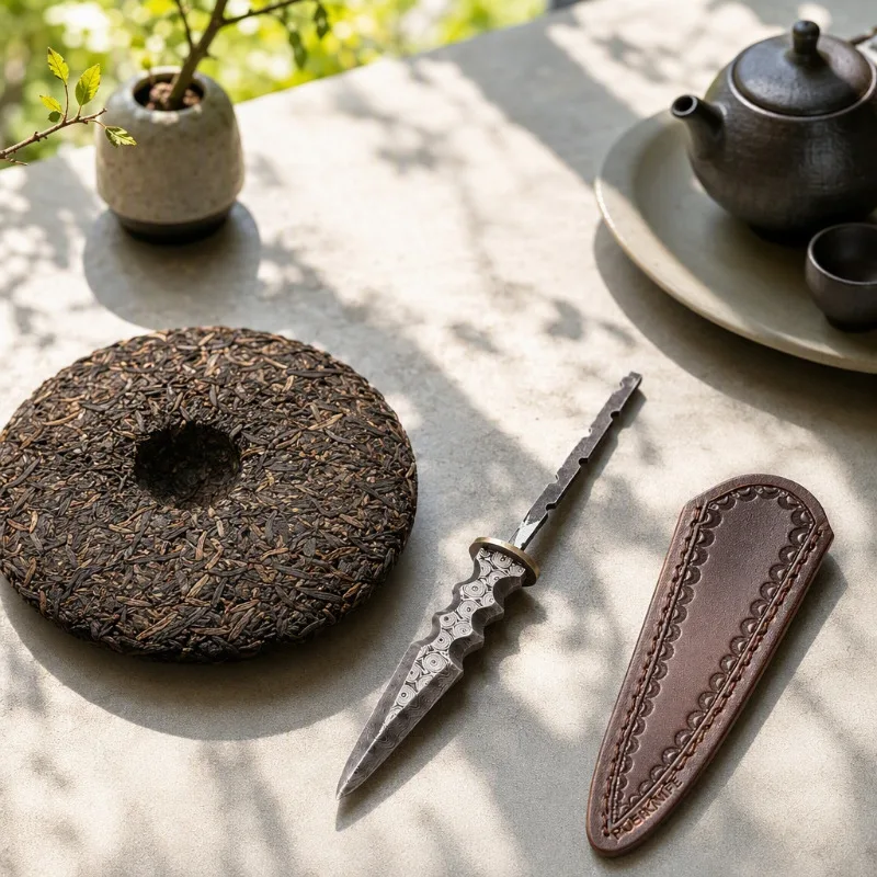 1Pc Damascus Steel Rosette Pattern Tea Knife Blank DIY Tea Needle Accessories Dull Blade for Pu'er Dark Tea Lovers