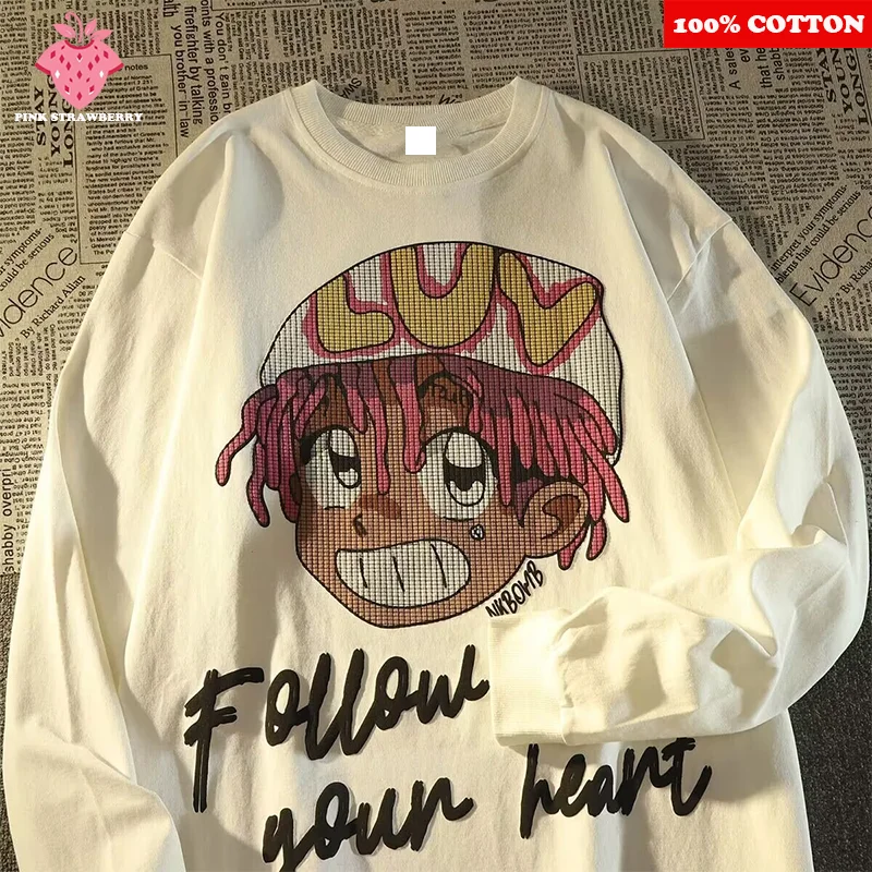 

American hip-hop street Print T-shirt Men Autumn 2025 New 100% Cotton oversize Long sleeves T-shirt Casual Y2k Top Men clothes