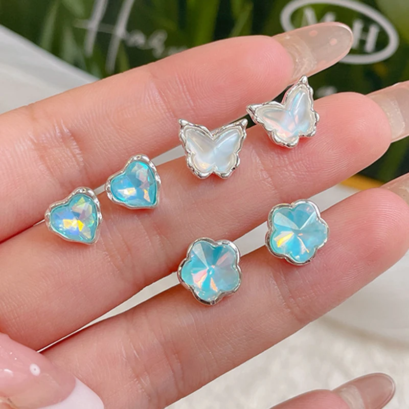 KADRUFI Summer Sea Blue Color Heart Butterfly Stud Earrings Set for Women Korean Fashion Sweet Rhinestone Tassel Earring Jewelry