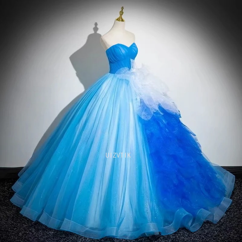 Vestido de fiesta con apliques de lujo azul, vestido de baile para mujer, escote en forma de corazón con cordones en la espalda, largo hasta el suelo brillante, vestidos de noche de fiesta personalizados