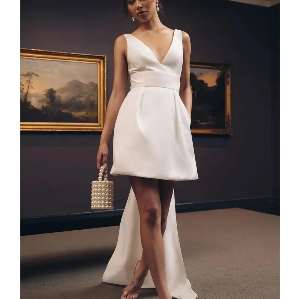 

Bowith V-Neck Sleeveless Mini Wedding Dresses Customized Backless Bow Back Bridal Short Wedding Party Dresses