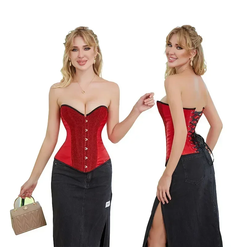 Corsetto rosso glitter Top Bustier da donna sexy Corsetto overbust con paillettes in raso Retro disossato con lacci Corsetti modellanti in vita aderenti
